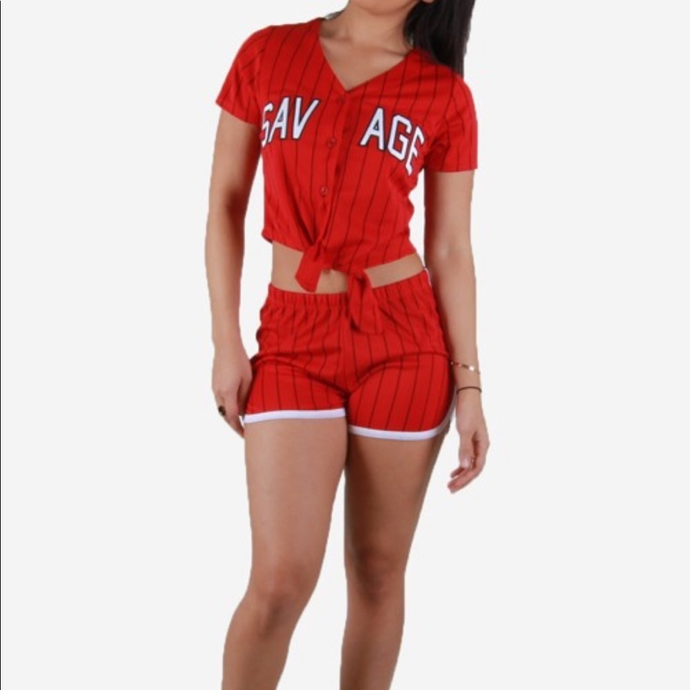Red Striped Jersey Short Sleeve Short Set